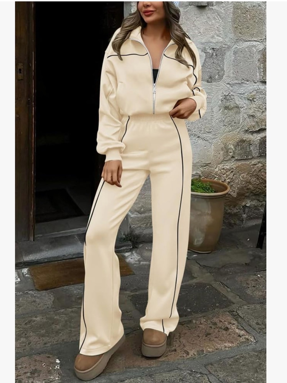 Y2K Piped Tracksuit Set -Apricot | Zip-Up Jacket & Wide Leg Pants| Size Medium